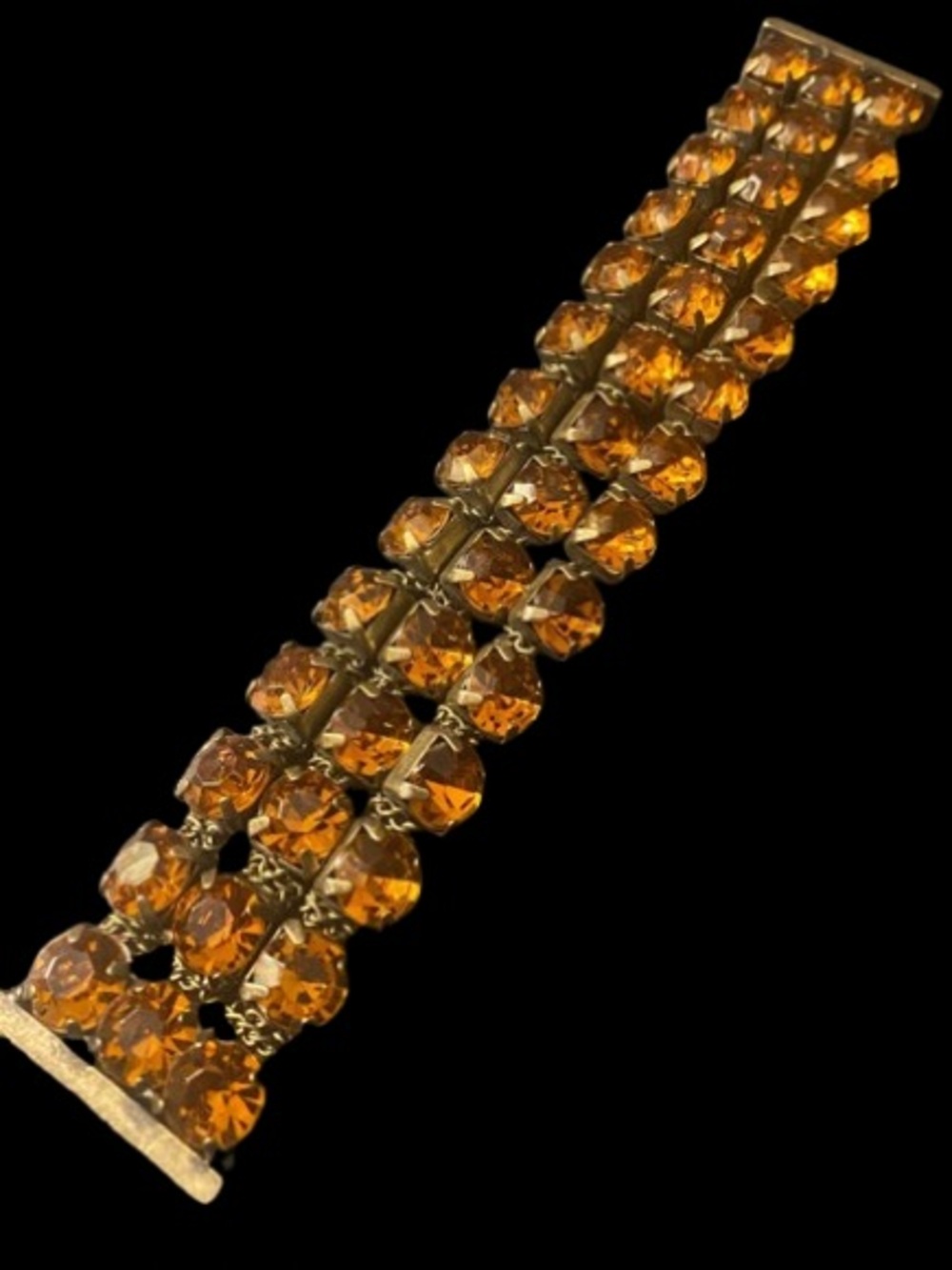 Vtg 1950-1960s 3 Rows Sparkling Topas / Amber Color Rhinestones Good-Tone Metal